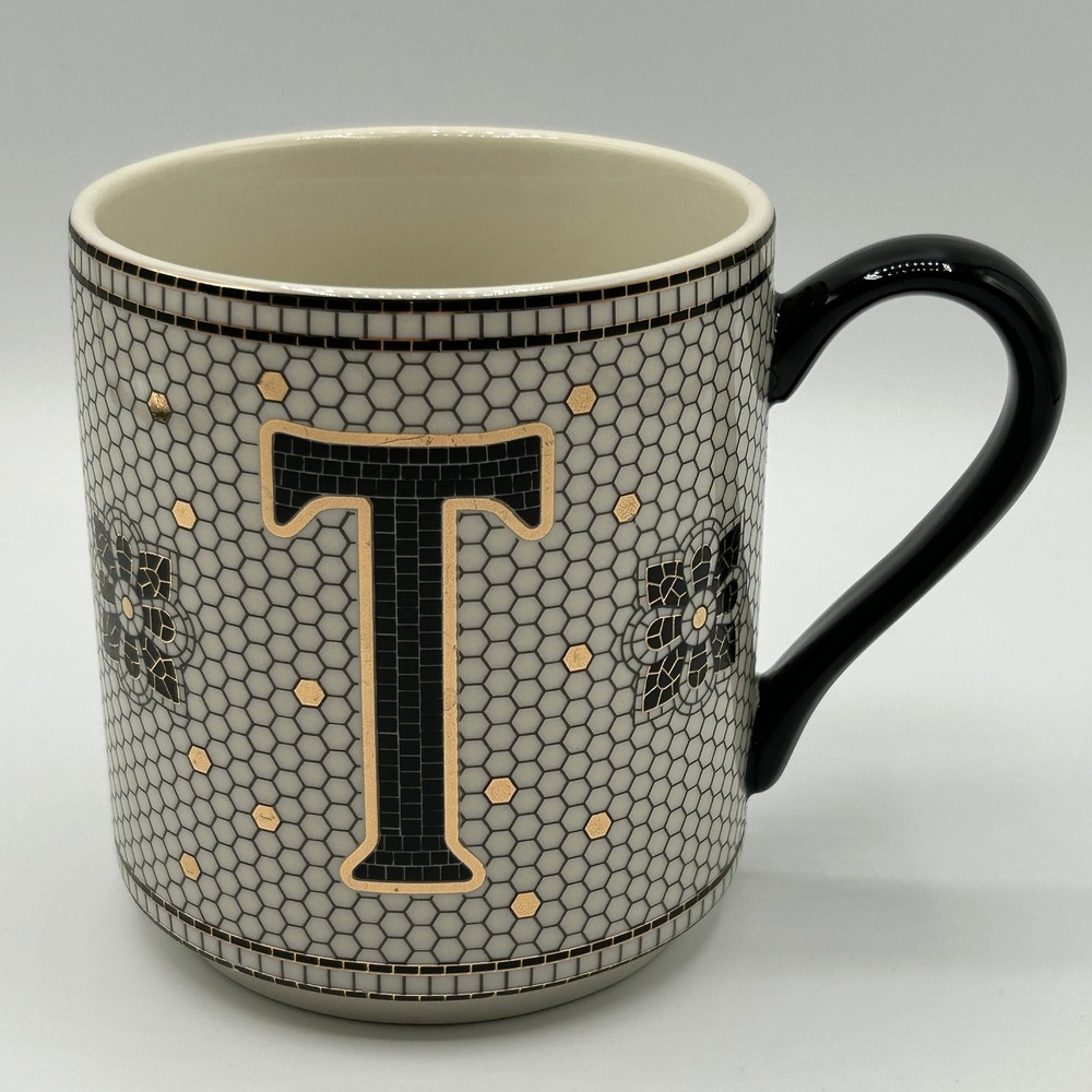 Anthropologie Monogram T Mug Black White Gold Honeycomb Mosaic Tile Floral Cup
